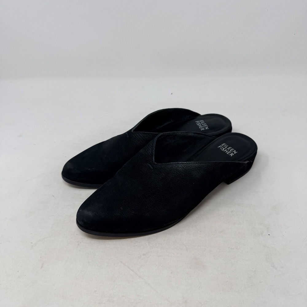 Eileen Fisher Mules Black 6.5 Leather Pointed Toe Slip On‎ Minimalist Chic